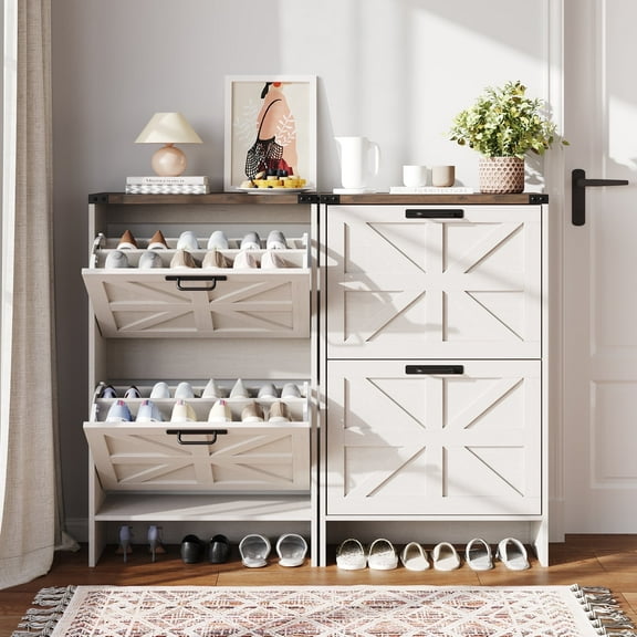 VEANERWOOD Shoes Storage Cabinet With Doors, Farmhouse Shoe Cabinet With 2 Flip Drawers For Entryway,Gray