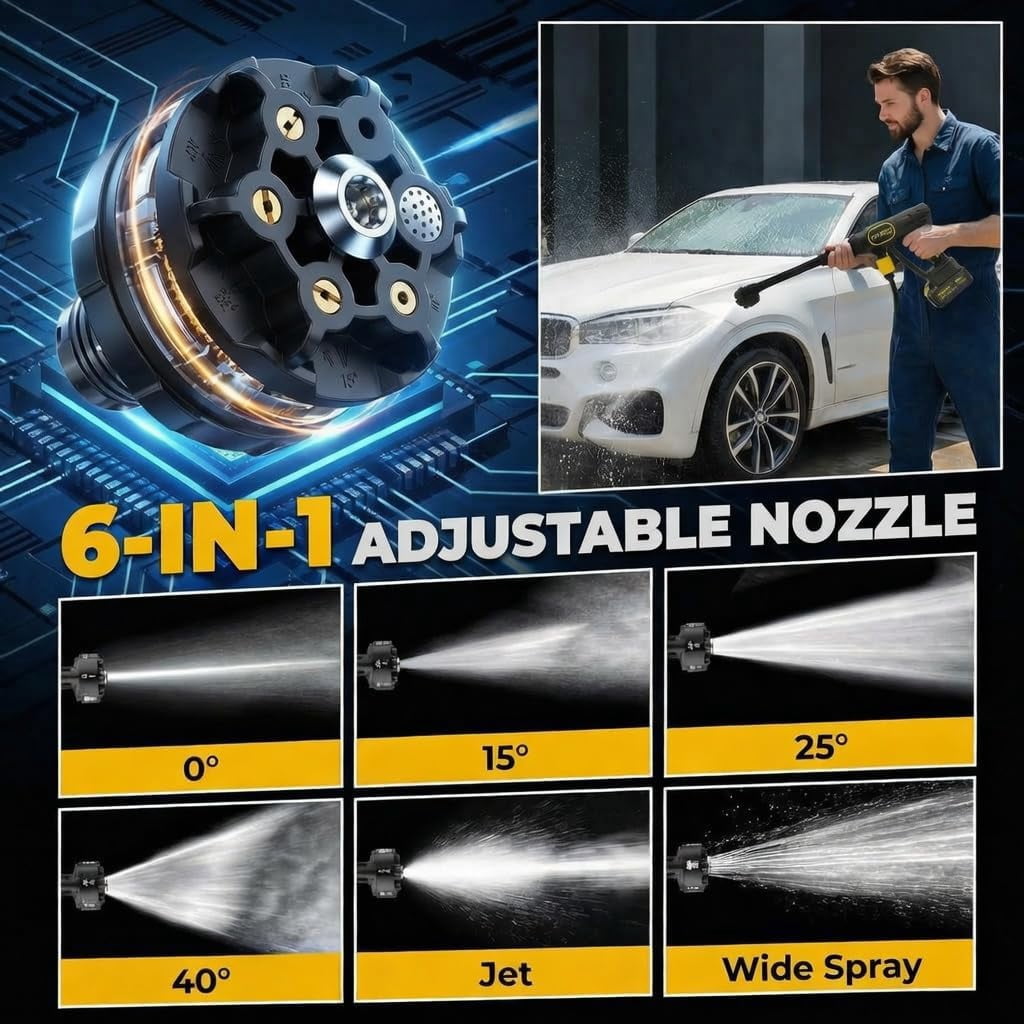 Pressure Washer Battery Powered Cordless with 6-in-1 Nozzle 26FT High-Elastic Hose 20 v & Charger Portable for Cars Driveways Patios Outdoor Cleaning