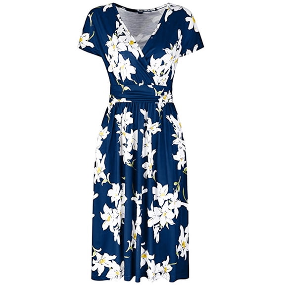 LWavelet Women's Plus Size Midi Dress Short Sleeve V-Neck Wrap Floral Print Casual Flowy Dress Navy XL