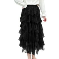 SWSMCLT Women's Tutu Skirt Long Fall Pleated Tulle Skirt Ruffle Mesh High Waist Skirt Black One Size