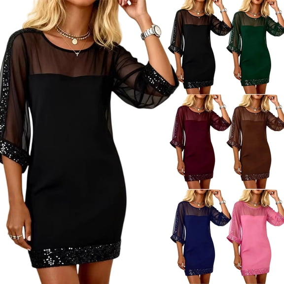 Laqbezok Women's Mesh Patchwork Sequin Dress, Sexy Round Neck 3/4 Sleeve Bodycon Mini Gown, Sheer Sequin Hem Party Outfit for Cocktail Wedding