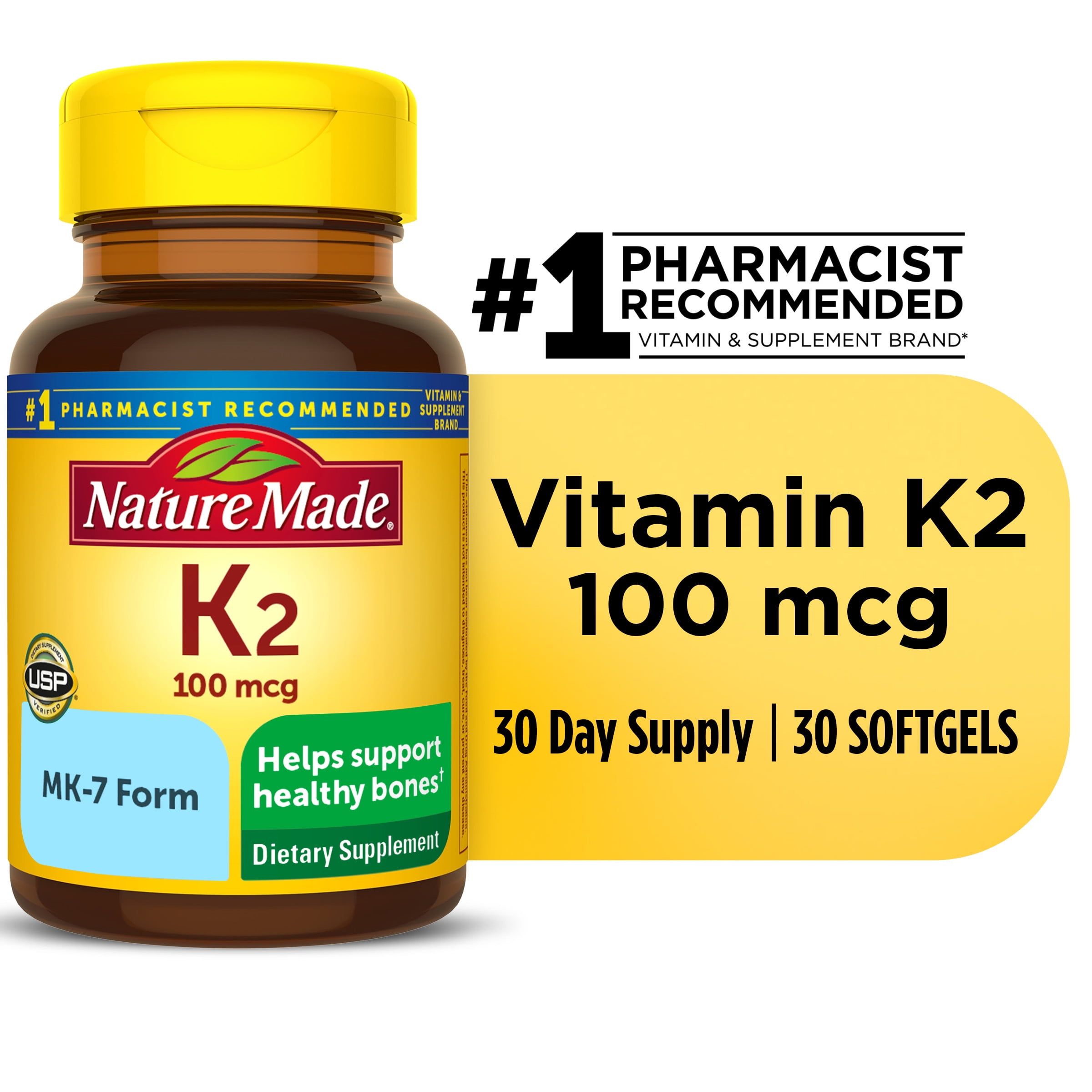 Nature Made Vitamin K2 100 mcg Softgels, Dietary Supplement for Bone ...