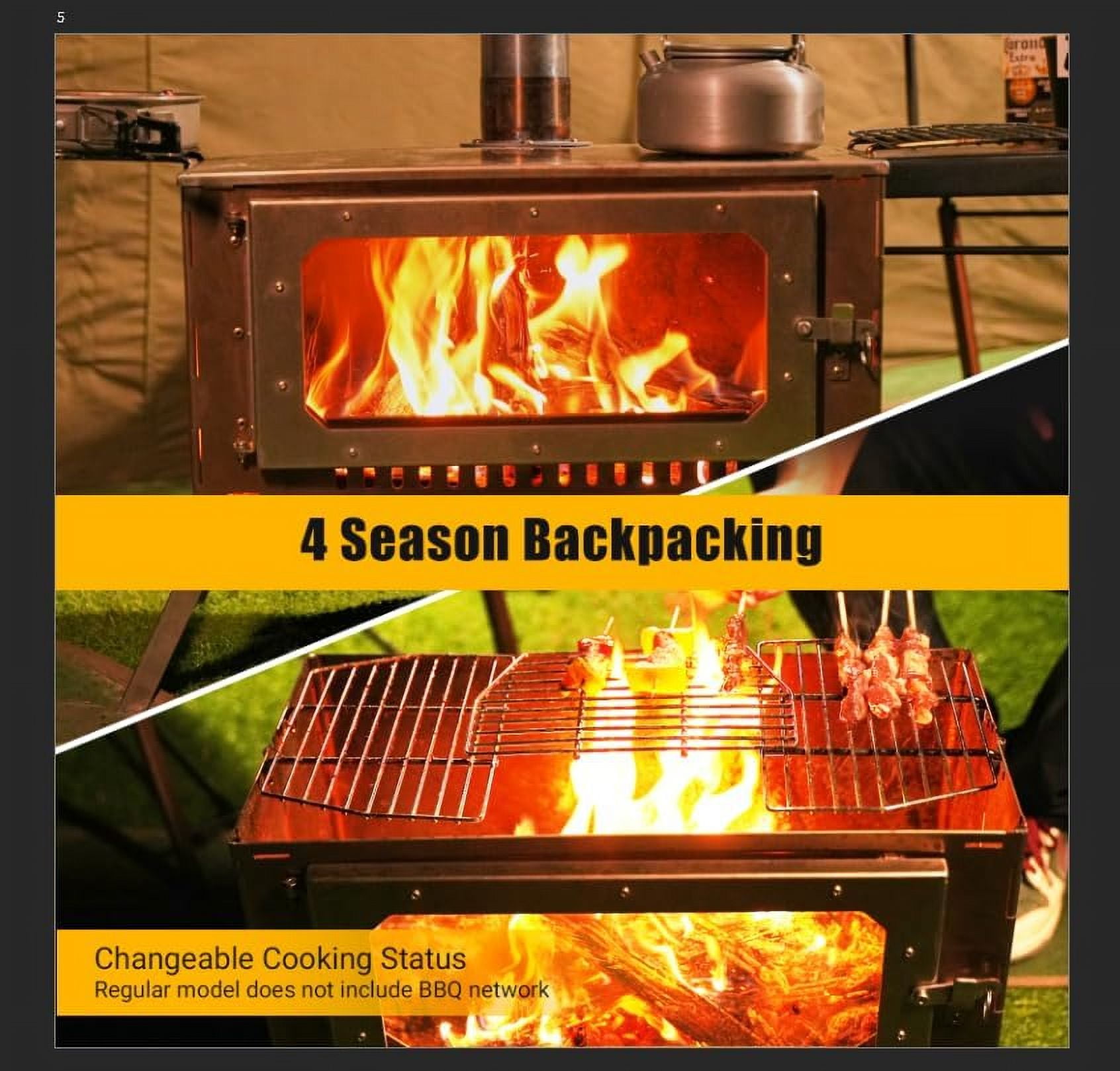 Garvee Hot Tent Stove With View Glass, Wood Burning Stove for Camping, 5 Chimney Pipes, Silver