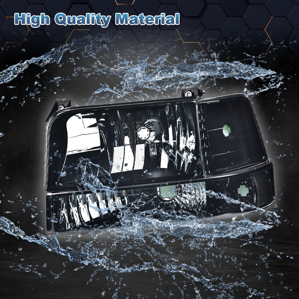 PIT66 Halogen Headlights Smoke Lens Black Housing Clear Reflector, Fit for 92-96 Ford F150/250/350 Bronco