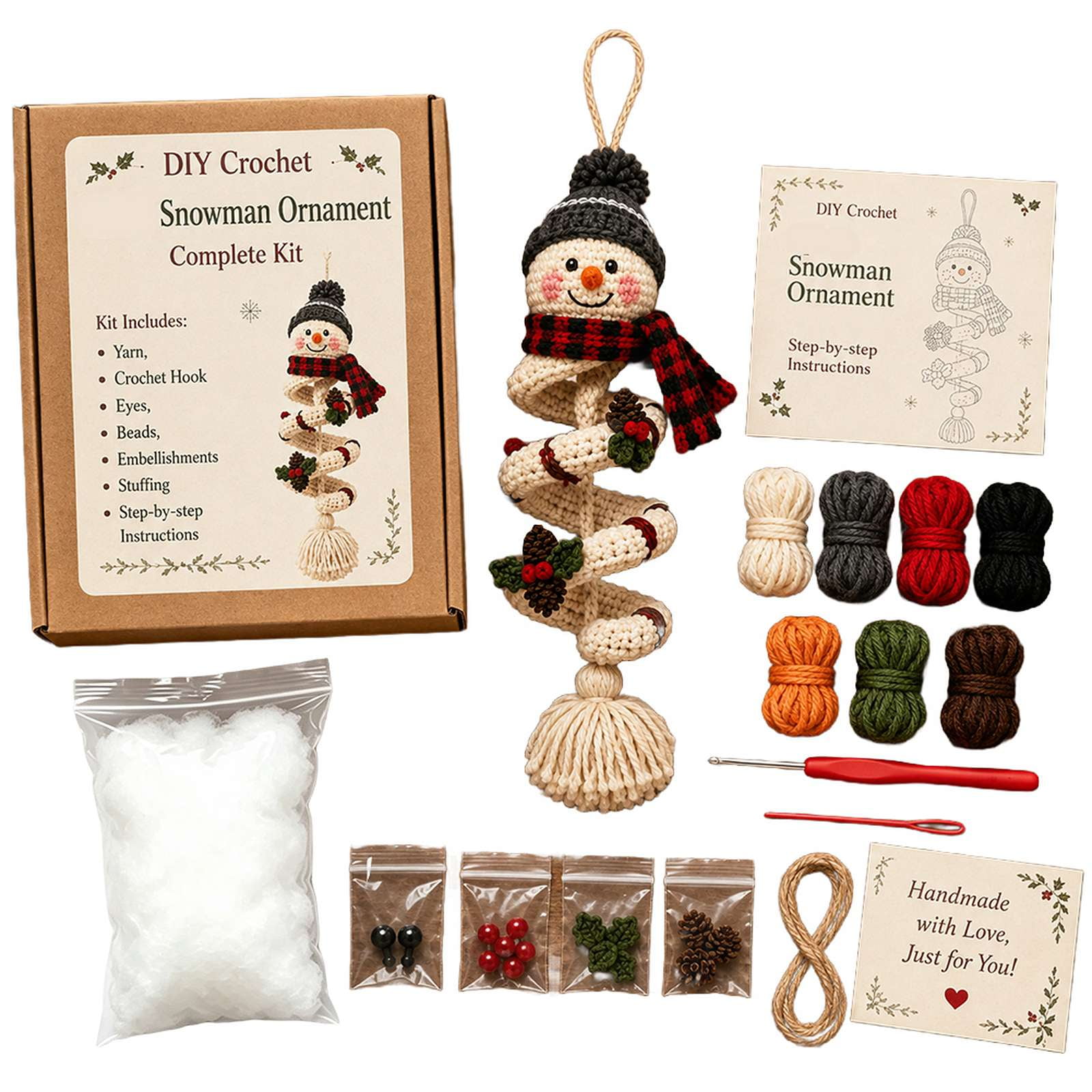 Christmas DIY Crochet Kit Yarn Craft Starter Pack Complete Supplies for Handmade Hanging Ornament Holiday Family Crafting Activity Set