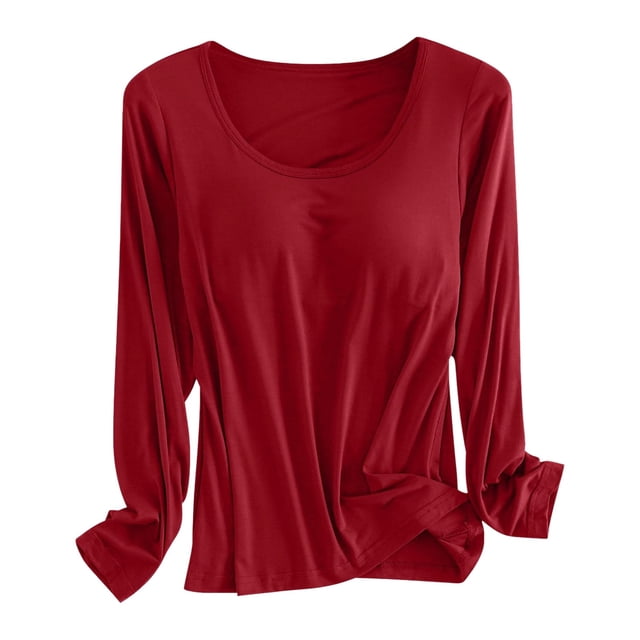 Built In Bra T Shirt For Womens Padded Long Sleeve Tops Active Blouses Soft Pajama Casual Shirts For Workout