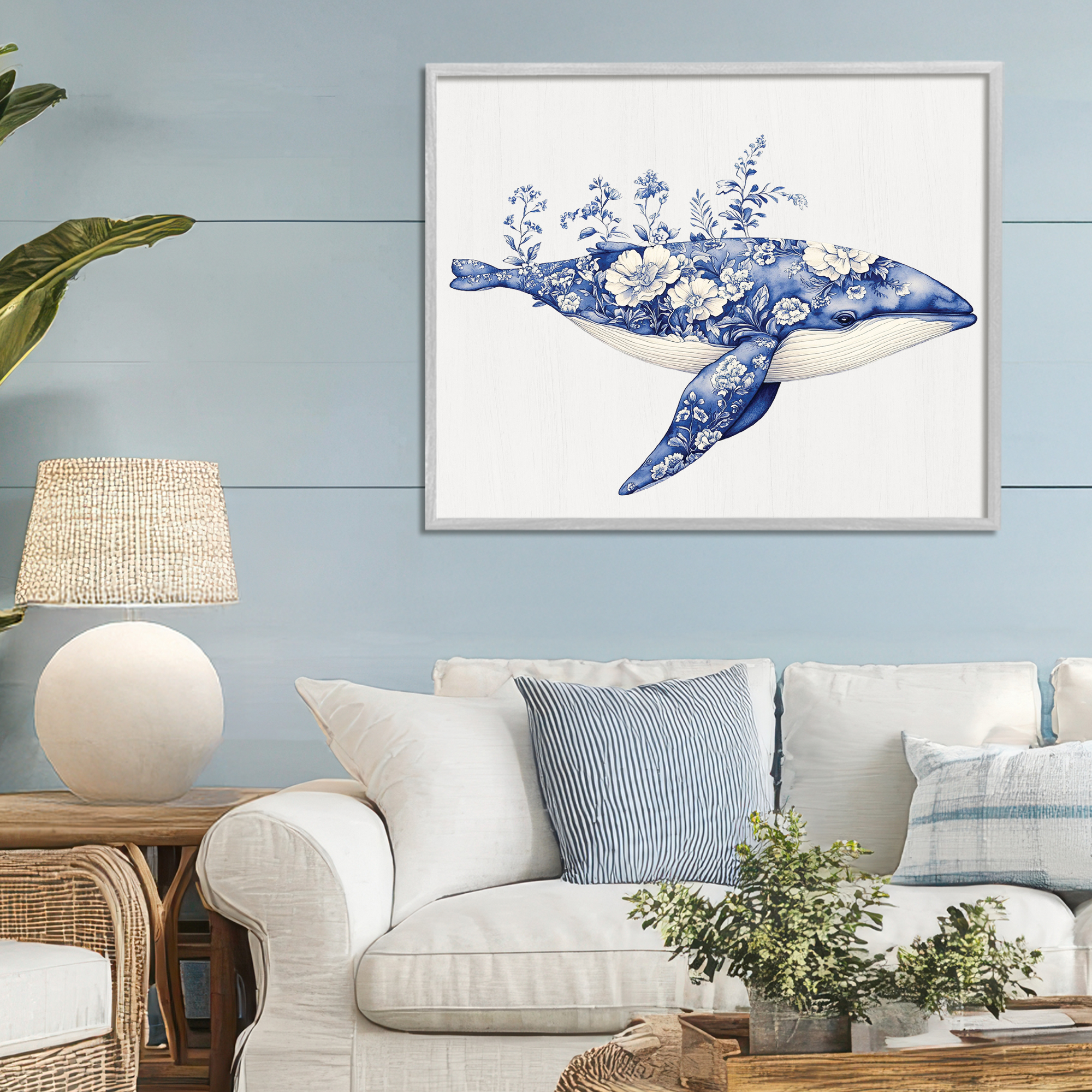 Blooming Toile Whale Gray Framed Giclee Art, design by Lettered and Lined