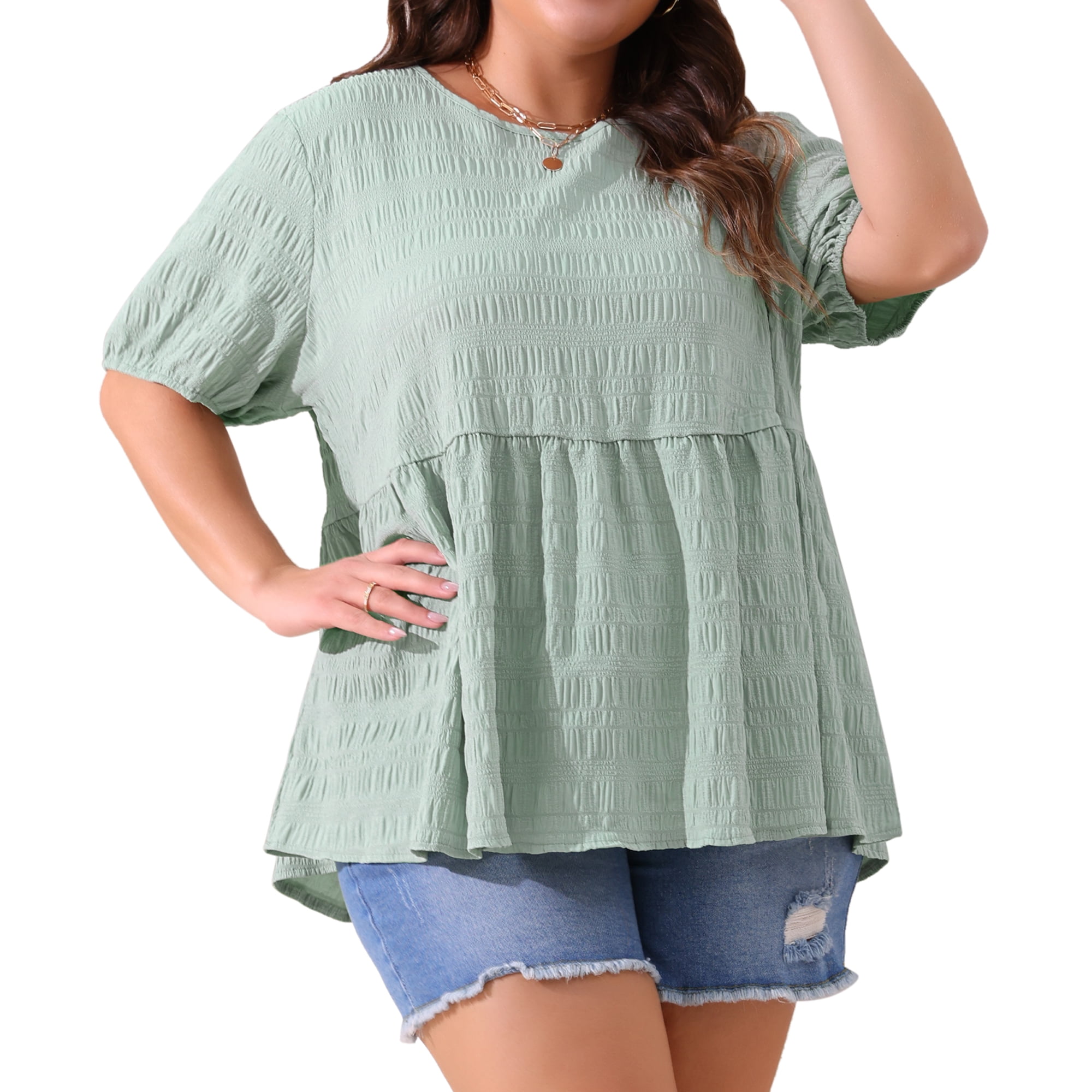 Women's Plus Babydoll Tops Crewneck Short Sleeve Loose Fit Flowy Blouse 2X Greyish Green