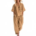 thumbnail image 2 of Linen 2 Piece Outfits for Women Linen Shirt and Shorts Co Ord Sets Button Drawstring Waist Loose Shorts Ladies Tracksuit Summer Beach Vacation Travel Clothes Khaki XXXL, 2 of 7