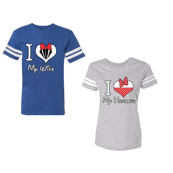 I Love My Husband Wife Unisex Couple Matching Cotton Jersey style T-Shirt Contrasting stripes on sleeves (Men Royal / Women Heather) (Men S / Women L)