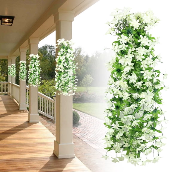 Artificial Fake Hanging Flowers Plants for Outdoor Spring Summer Decoration, 1PCS Faux Silk UV Resistant Look Real Trailing Vines for Outside Home Planter Porch Patio(White)