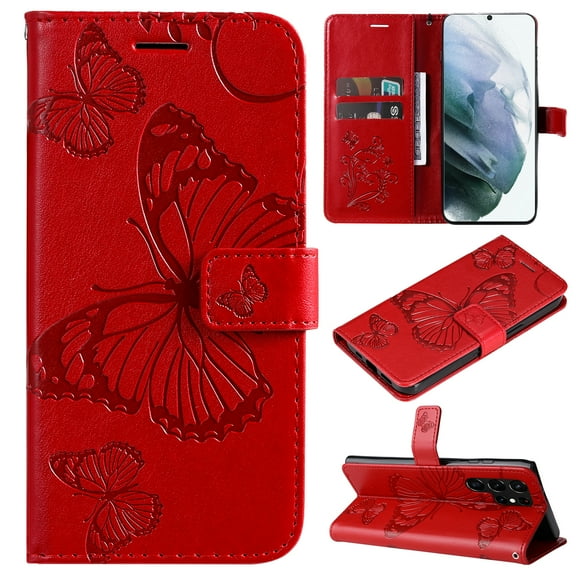Decase Galaxy S22 Ultra Wallet case,PU Leather Case Butterfly Pattern Embossed Purse Kickstand Flip Cover Card Holders Hand Strap for Samsung Galaxy S22 Ultra, Red