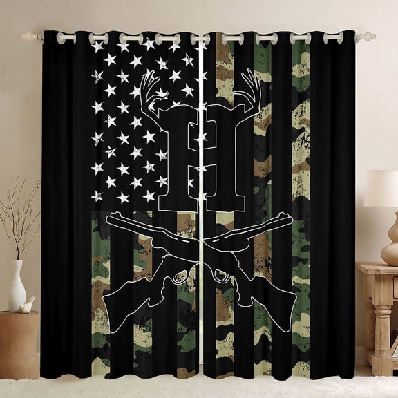Homewish Black Monogrammed H Black Out Curtains for Teen, Rustic Hunting Deer Curtains Pack of 2 (42x63 Each), Western Countryside Bedroom Curtains, Living Room Curtains Decor