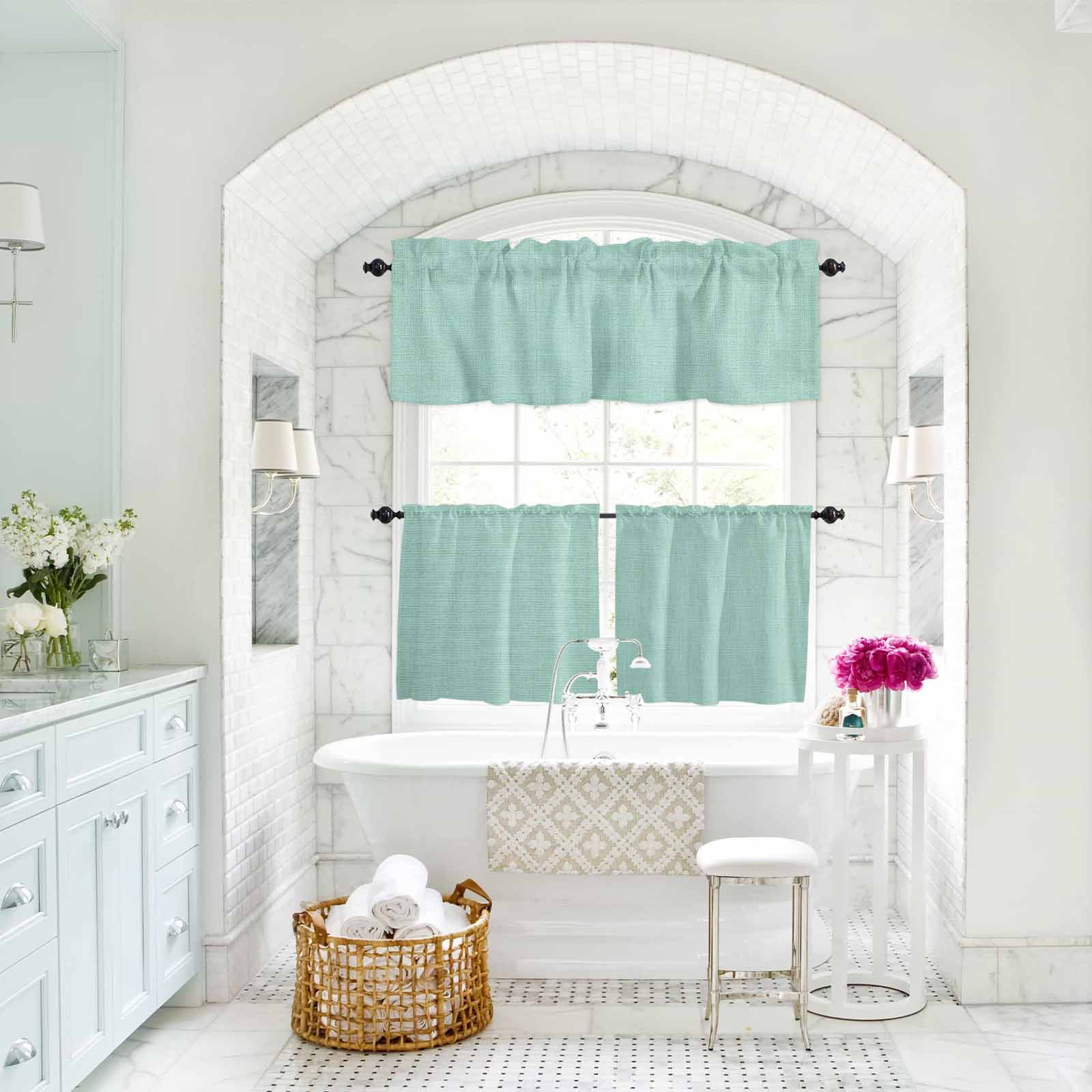 Mint Green Kitchen Curtains Valances and Tiers Solid Color Retro Linen Tier Curtains and Valance Rod Pocket Valance Curtains Set for Kitchen Bathroom Small Windows 27.5"W x 24"L, 3pcs