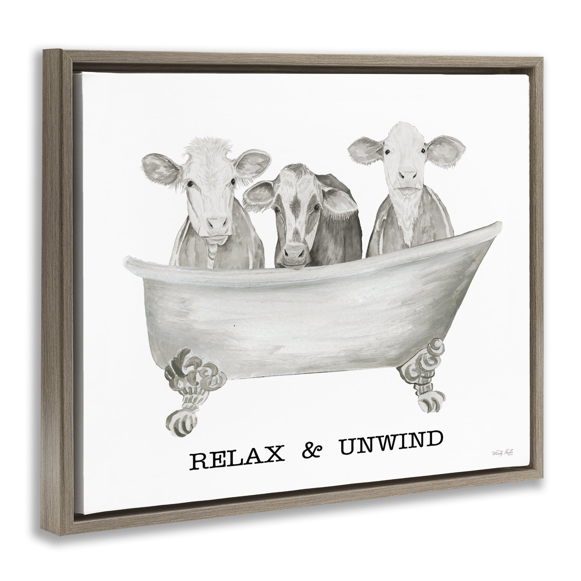 Stupell Industries Relax Unwind Cow Tub Bath & Laundry Painting Brown Floater Framed Canvas Art Print Wall Art, 21 x 17