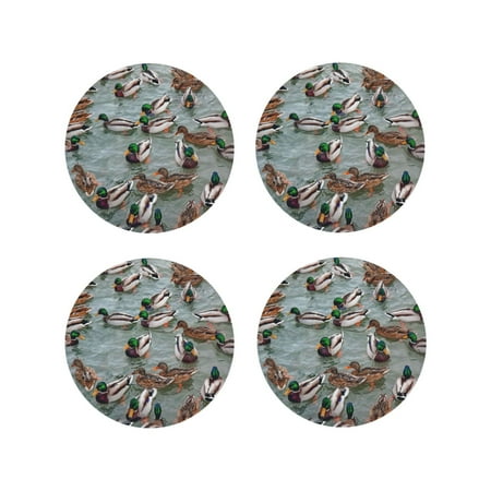 

Fuzoiu Mallard Ducks Swimming Print Leather Coasters Set Drink Coasters Set of 4 for Tabletop Protection Durable PVC Coasters Home Décor and Housewarming Gift-Round Shape