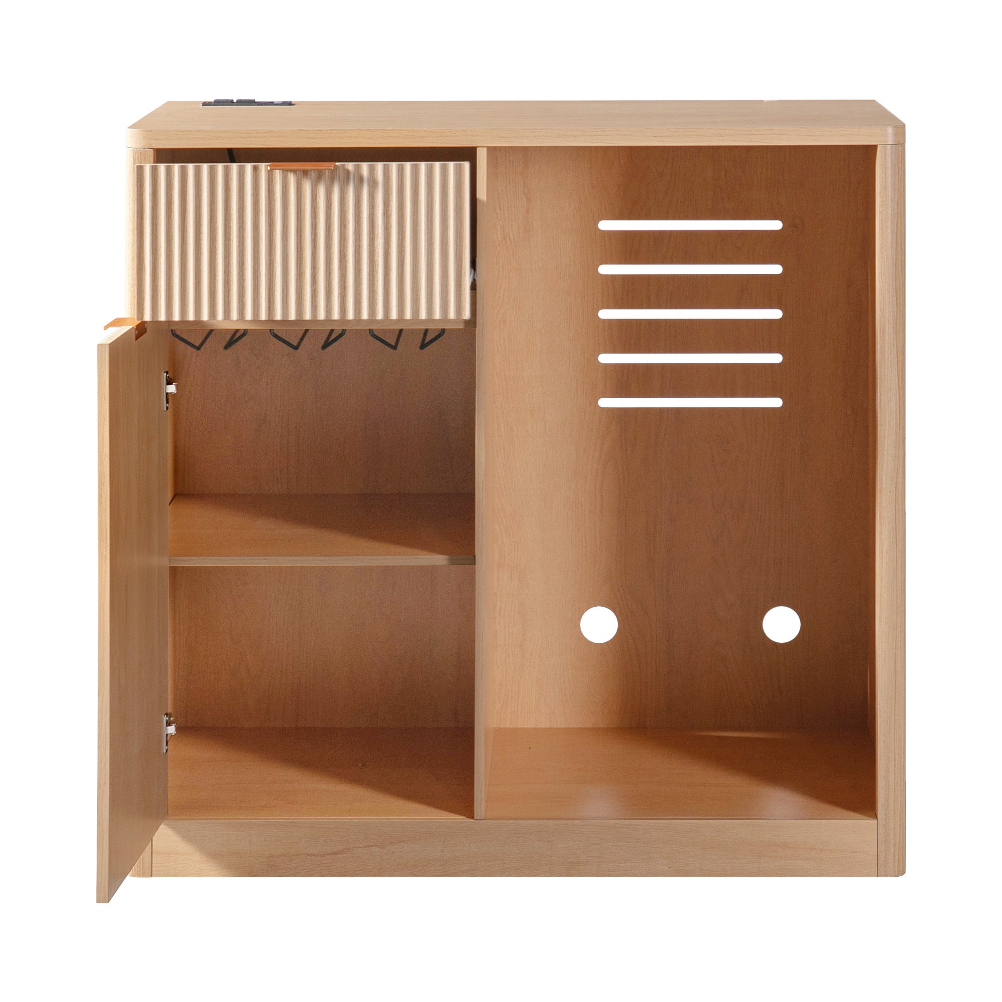 Euroco 39.4" Coffee Bar Cabinet with Mini Fridge Space,Fluted Sideboard Buffet & Liquor Cabinet with Charging Station and Wine Glass Holder for Living Room Kitchen,Natural