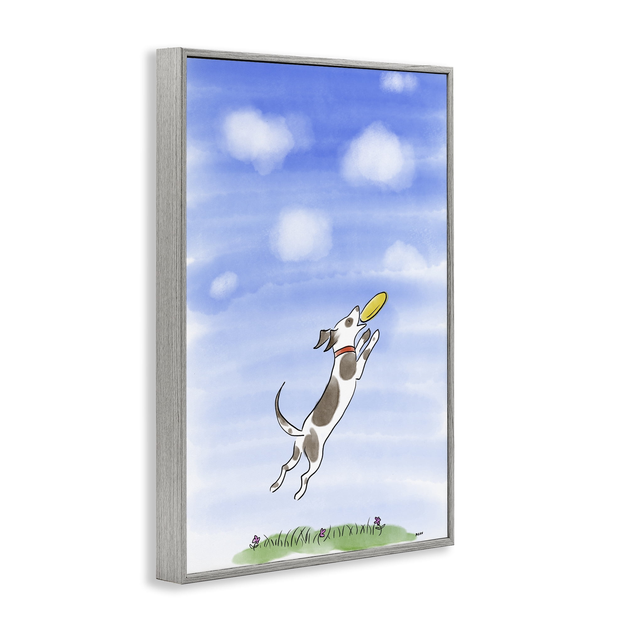 Stupell Industries Dog Catching Frisbee Gray Framed Giclee Art, design by Patti Mann