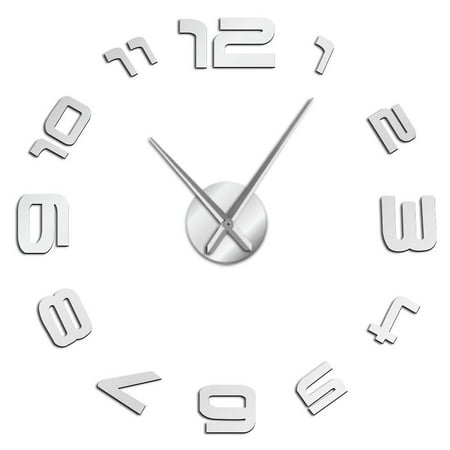 3D Arabic Numerals Frameless Wall Clock Stickers, DIY Modern Decorative Clocks for Living Room, Bedroom, Office - Easy to Install, Large 3D Clock Design (Silver,37in)