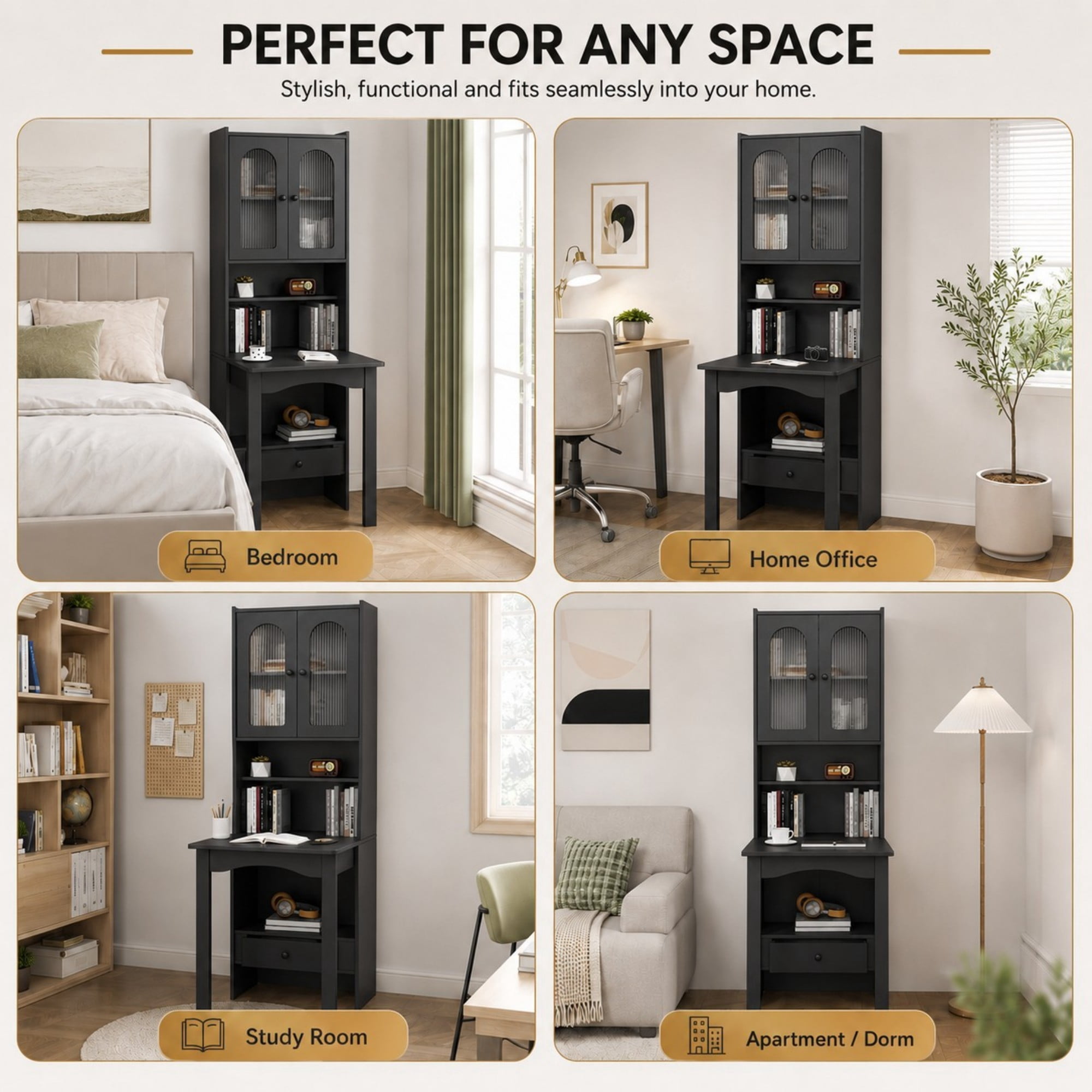 DEALTOPS 70.9-Inch Slim Fold-Out Desk Cabinet with Bookshelf and Drawer, Convertible Writing Desk, Black