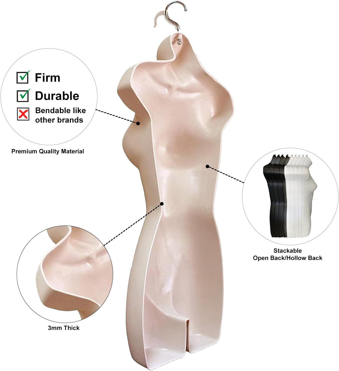 DisplayTown Female Mannequin Torso Hip Long Hollow Back Hanging BodyDress Form with Hanging Hook, Flesh S-M Sizes (20-Pack)