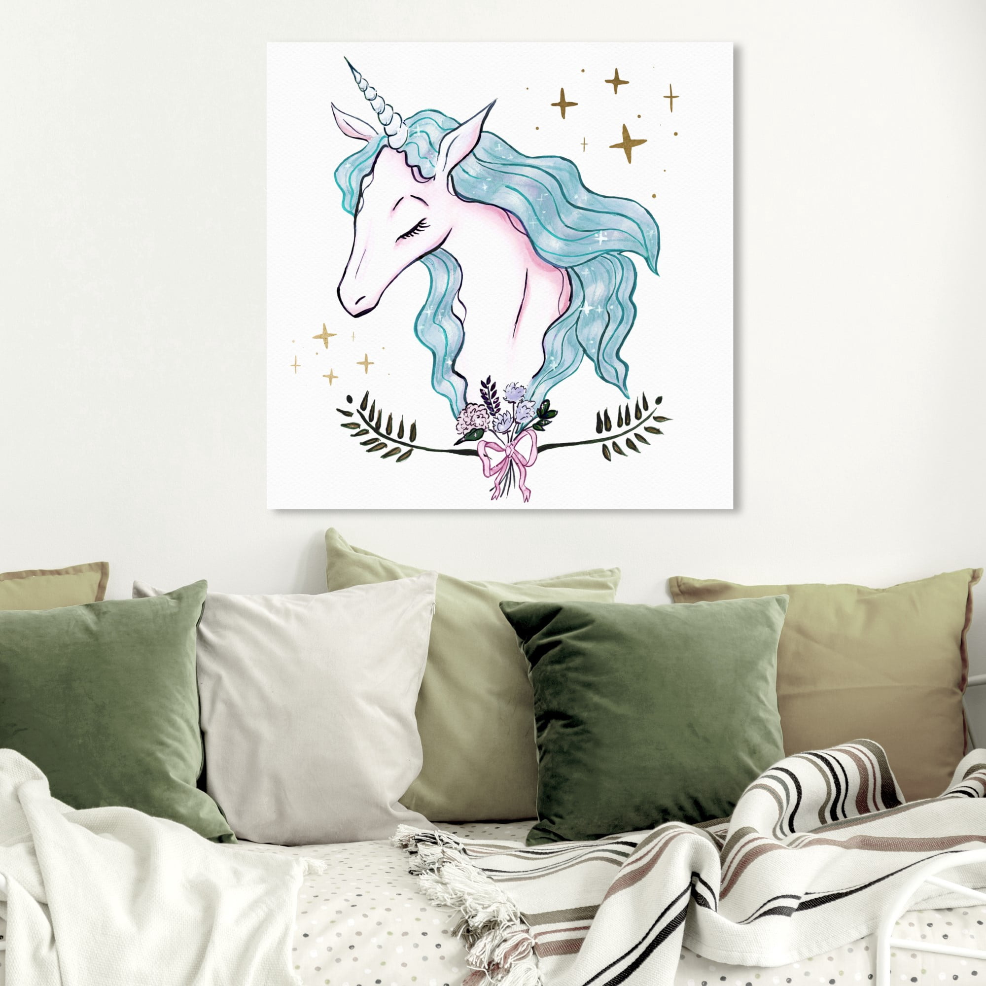 Wynwood Studio 'Beautiful Magical Unicorn Aqua' Fantasy and Sci-Fi Wall Art Canvas Print - Pink, Blue, 20" x 20"