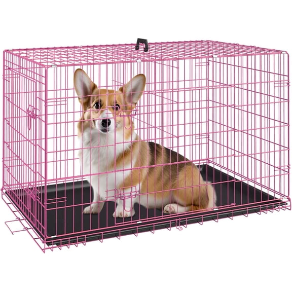 Folding Metal Dog Crate with Double Door and Divider Panel, Leak-Proof Plastic Tray — 30 Inch, Pink