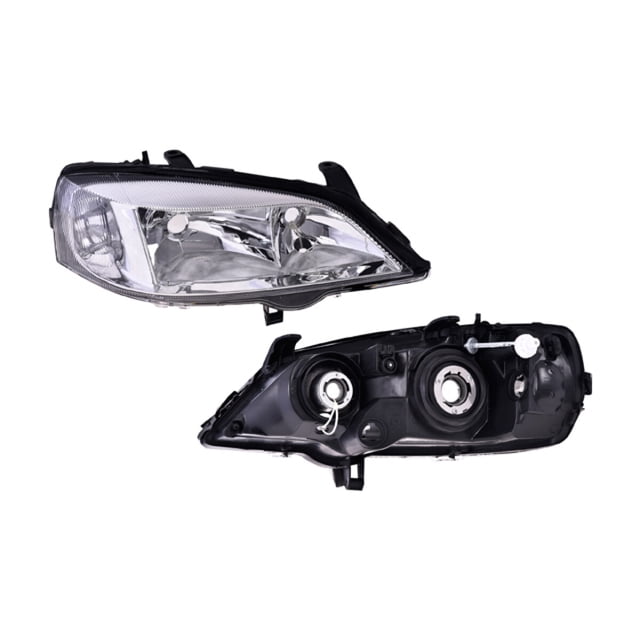 faro astra 2000 a 2003 chevrolet der eléctrico s/motor c/base p/halog depo derecho en fondo blanco, vista frontal y posterior, carcasa con base integrada, reflectores y portalámparas para halógeno, número de parte 301220304525038, 1 pieza.