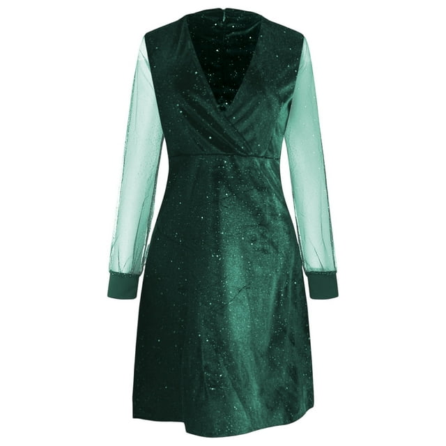 QHFBli Robe Moulante Mini pour Femmes à Col en V Profond, Manches en Maille Transparente, Paillettes – Robe de Soirée à Rayures Scintillantes et Ourlet Évasé Étoilé