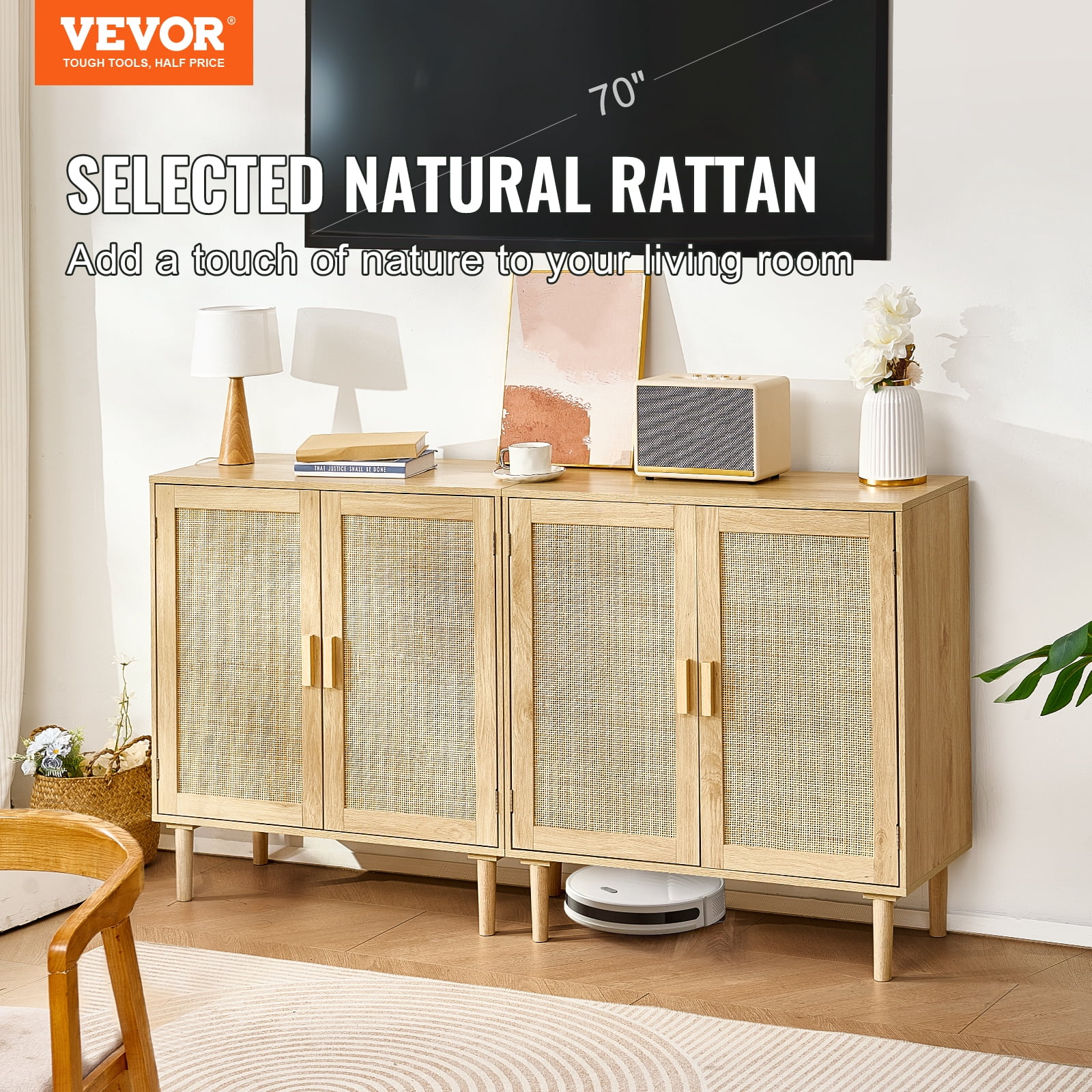 VEVOR Rattan Cabinet, Set of 2, Rattan Storage Cabinet with 4 Magnetic Doors and Adjustable Shelves, Sideboard Buffet Cabinet for Hallway, Entryway, Living Room, or Kitchen, Natural