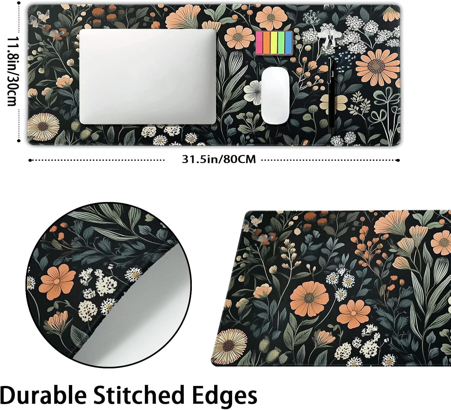Aesthetic Dark Flower Gaming Mouse Pad XL Floral Plant Botanical Flowers Extended Big Large Desk Mat Non-Slip Rubber Base Stitched Edge Long Keyboard Mousepad for PC Computer Laptop,31.5×11.8 in