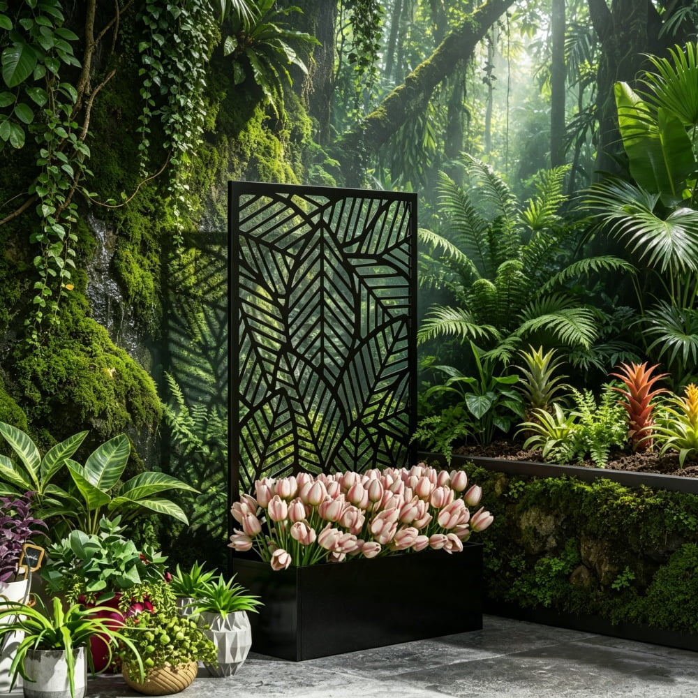 Black Metal Privacy Screen with Raised Garden Bed, 24”L×9”W×44.5”H Freestanding Outdoor Planter, Self-Draining & Wall Mountable for Entryway Patio Yard Decor