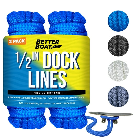 Boat Dock Lines & Rope Boat Ropes for Docking 1/2" Line Braided Mooring Marine Rope 25FT 1/2 Inch Nylon Rope Boat Dock Lines for Docking Boat Lines Boating Rope Braided with Loop Royal Blue 2 Pk