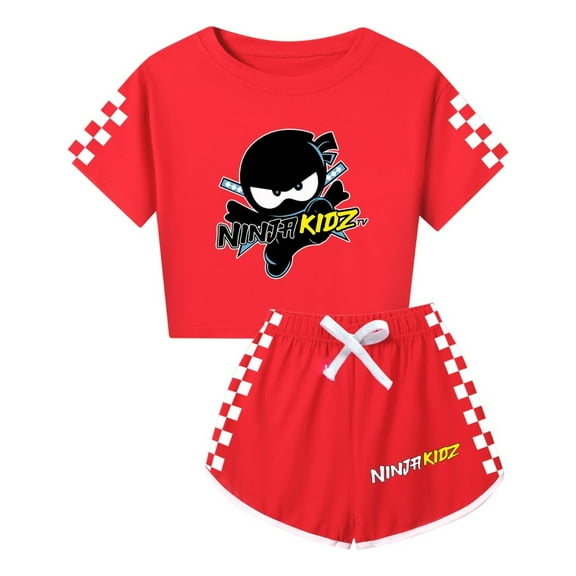 Ninja Kidz Girls Summer Set – Kids Cute Crop Top with Checker Sleeves and Matching Shorts