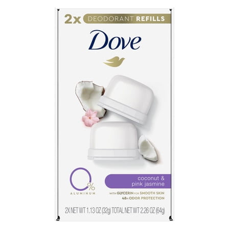 Dove Antiperspirant Deodorant Refills Twin Pack, Coconut and Pink Jasmine, 1.13 oz