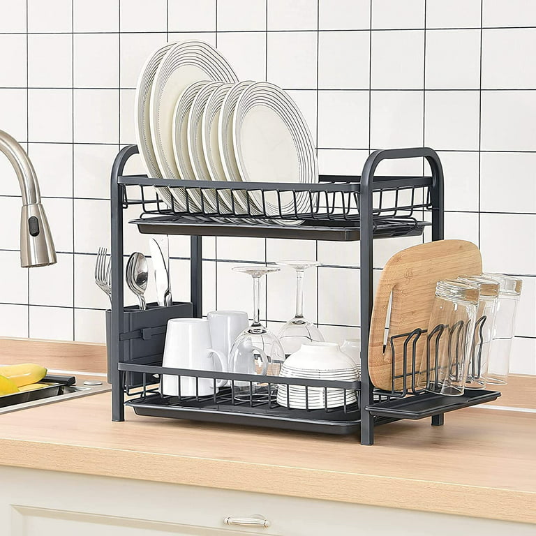 KINGRACK Dish Drying Rack,2-Tier Dish Rack and Drainboard Set with Utensil Holder, Cup Holder, Cutting Board Holder and Large Dish Drainer for Kitchen