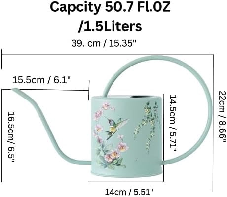 Watering Can for Indoor House Plants - Cute Decorative Metal Gardening Small Water Can for Houseplants & Flowers with Long Spout - 1.5L 51floz 0.4 Gallon (Hummingbird Sage)