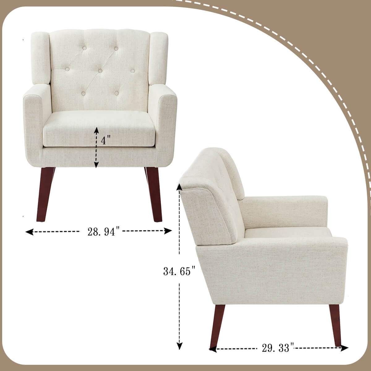 Accent Chair, Comfy Upholstered Mid Century Modern Armchair, Button-Tufted with Linen Fabric Lounge Arm Chairs for Living Room Bedroom (Beige)