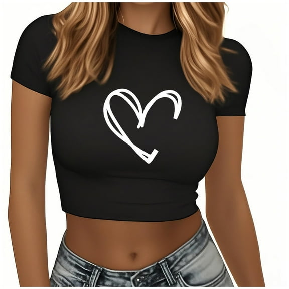hotojiny Womens Valentine's Day Crop Tops Summer Fashion Short Sleeve Going out Tops Casual Crewneck T Shirt