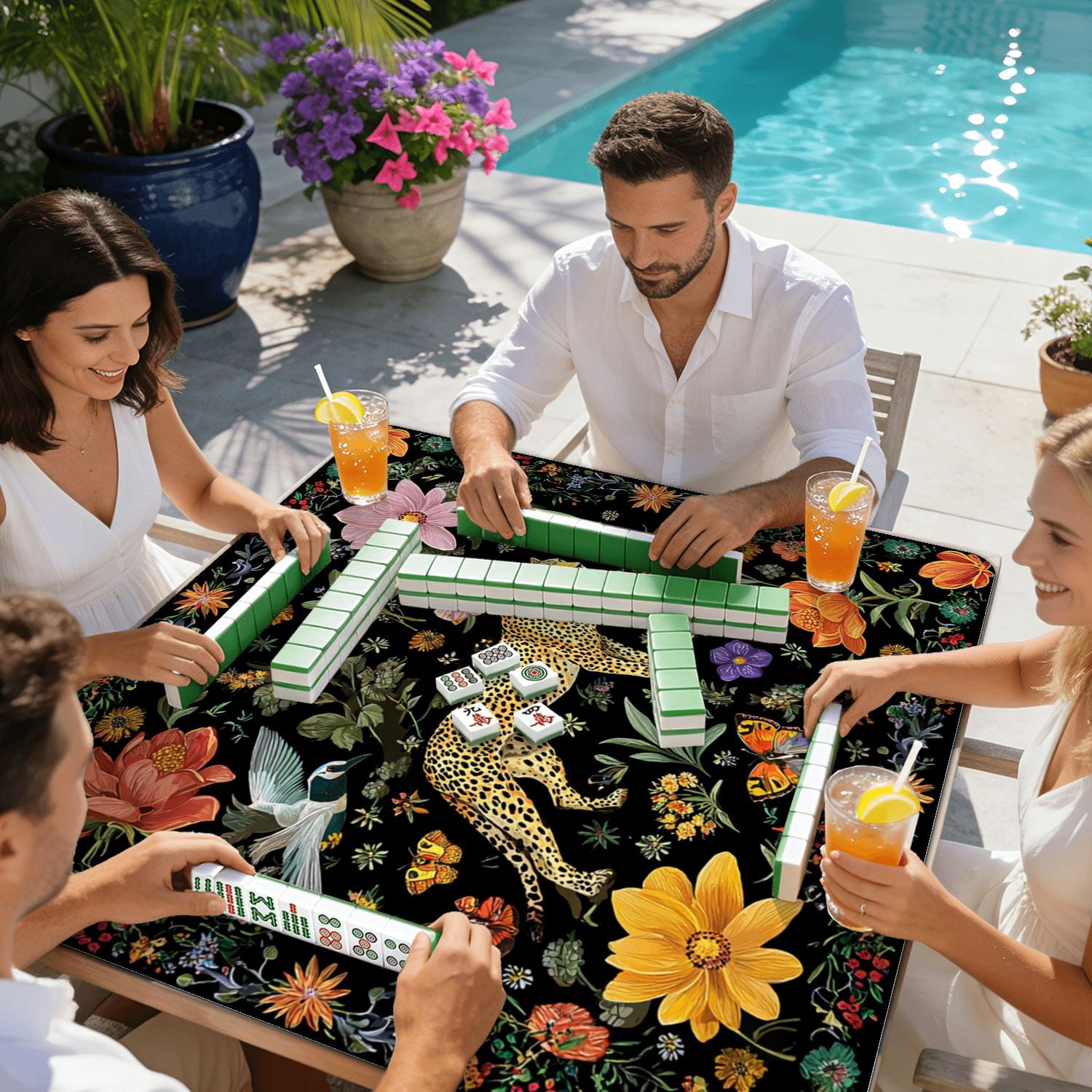 Mahjong Mat 31.5" x 31.5" Floral Wildlife Cheetah Birds Butterfly Vibrant Flowers Black Non-Slip Noise Reduction American Mahjong Tiles Table Cover for Dominoes Poker Card Board Games Gift