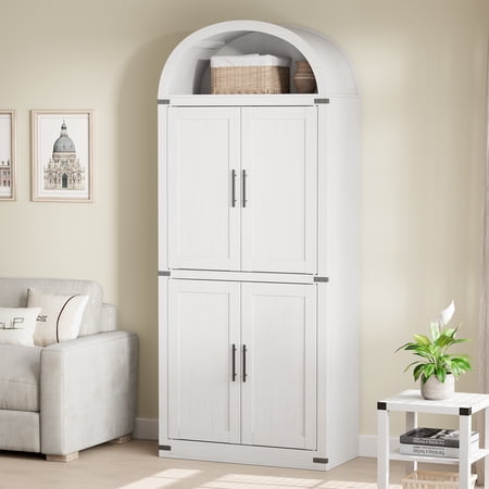 Arched Bookcase with Doors Modern 6-Tier Bookshelf with Storage Wooden Display Cabinet Farmhouse Storage Shelves for Living Room Kitchen Office