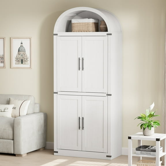 72" Tall Arched Cabinet, Modern Farmhouse Wooden Display Cabinet with Drawer and Glass/Wood Doors, 5 Tier Bookshelf with Shelves for Living Room, Office