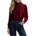 thumbnail image 2 of Karymi Womens Tops Dressy Casual Solid Mock Neck Bow Tie Blouse, Draped Long Sleeve Loose Casual Top, Elegant Office Daily Outfits Short Sleeve Shirts for Women, 2 of 5