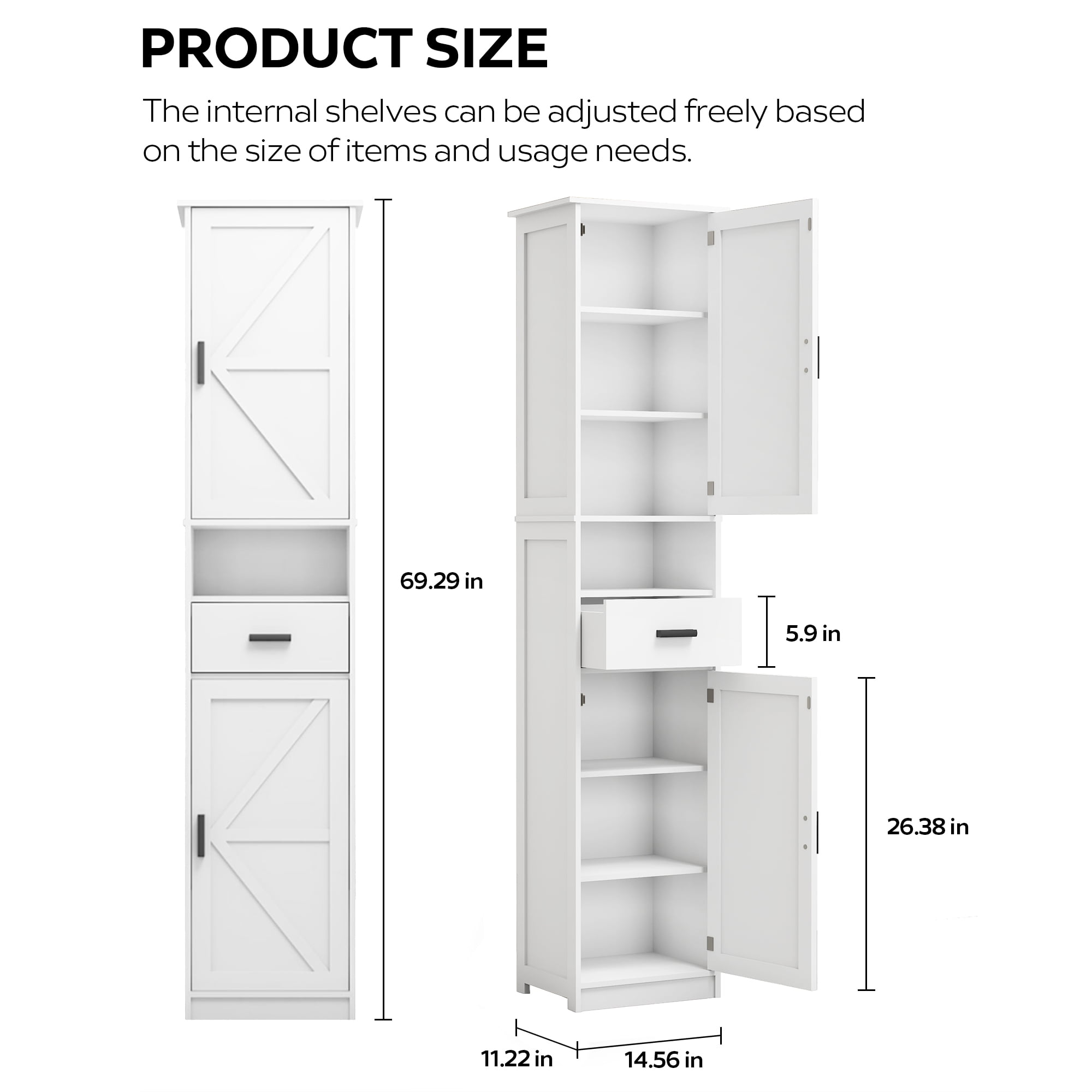 69" Bathroom Cabinet, Modern Floor Tall Cabinet With 1 Drawer, 2 Doors And Adjustable Shelves, Narrow Storage Cabinet For Home, Kitchen, Living Room