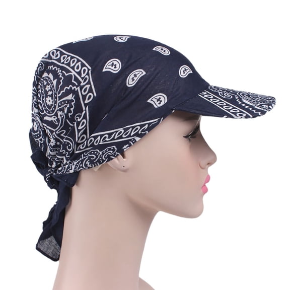 Vintage Cotton Floral Turban Hat for Women, Sun Protection Headscarf Beanie, Elegant Flower Headwrap for Summer Outings Navy