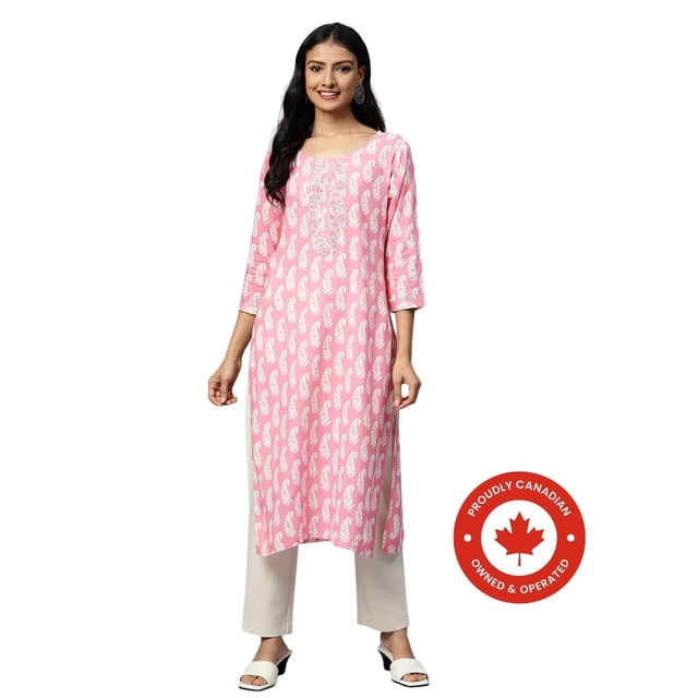 DWEEP SARA Women’s Pink Paisley Print Straight Kurta L/40 Ethnic Tunic Top 3/4 Sleeves Casual Festive Wear