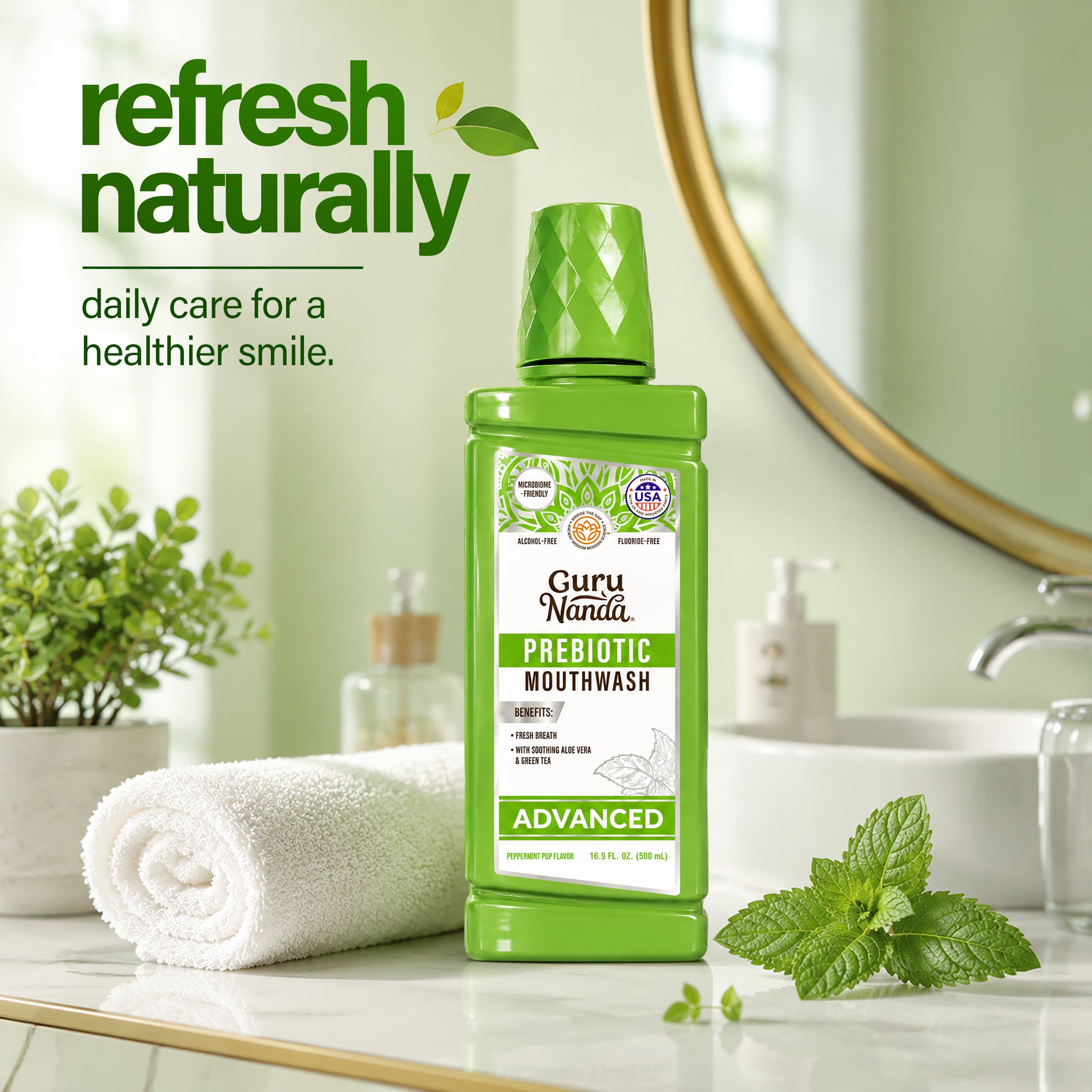 GuruNanda Advanced Prebiotic Mouthwash, Alcohol-Free & Fluoride-Free, Peppermint Pop, 16.9 fl oz