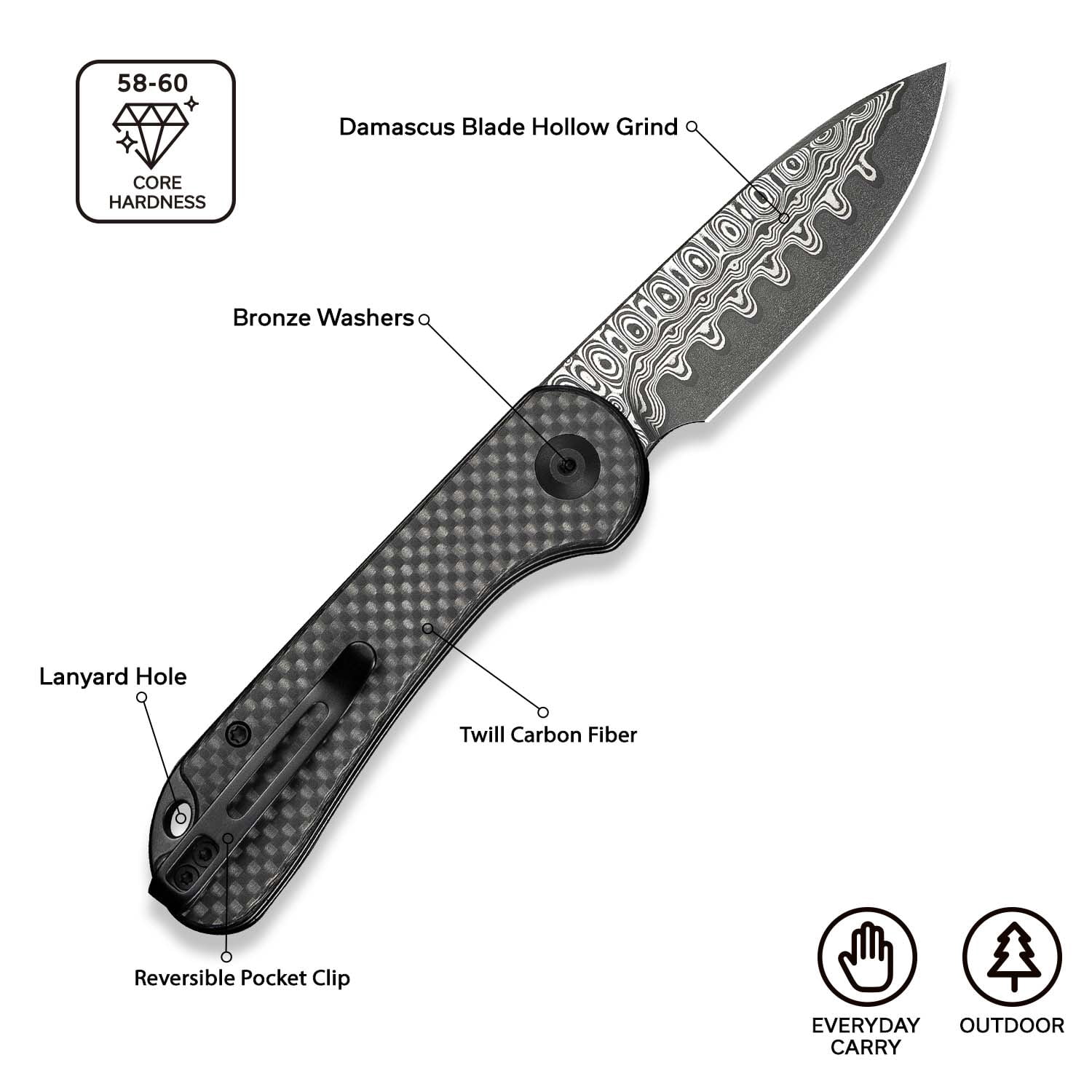 CIVIVI Elementum Slip Joint Pocket Knife, Folding Knife with 2.96" Damascus Blade Twill Carbon Fiber Handle C18062AJ-DS1