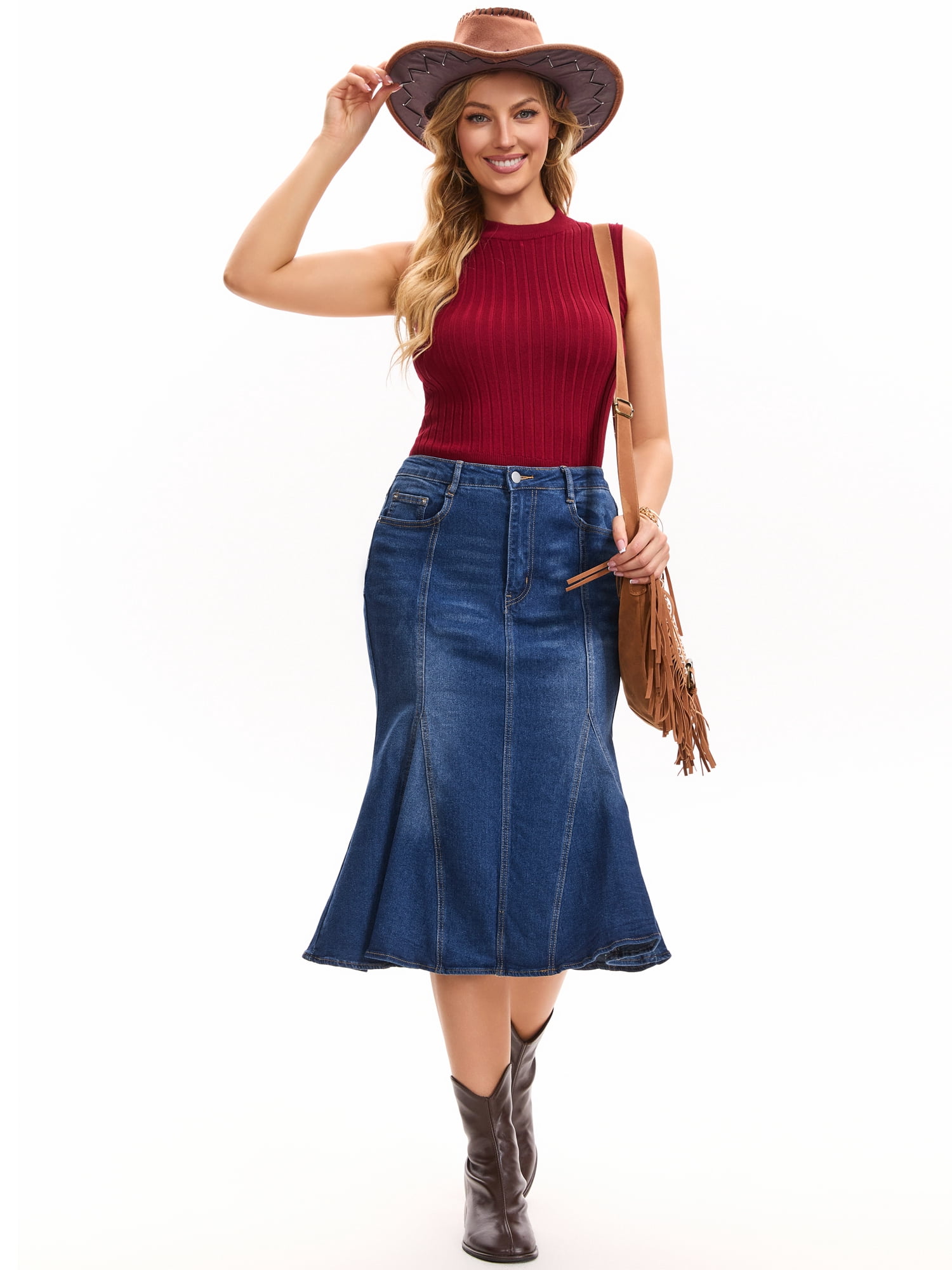 DARING DIVA Women's Denim Washed High Waisted Fishtail Midi Jean Skirt S Deep Blue