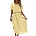 thumbnail image 2 of 2DXuixsh Robe Maxi d'Été Ample et Fluide pour Femme, Ajourée, Col Rond, Couleur Unie, Manches Courtes, Vacances, avec Poches, 2 of 5